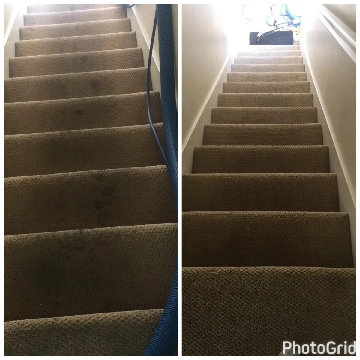 Carpeted stairs before and after cleaning Carpeted stairs before and after cleaning