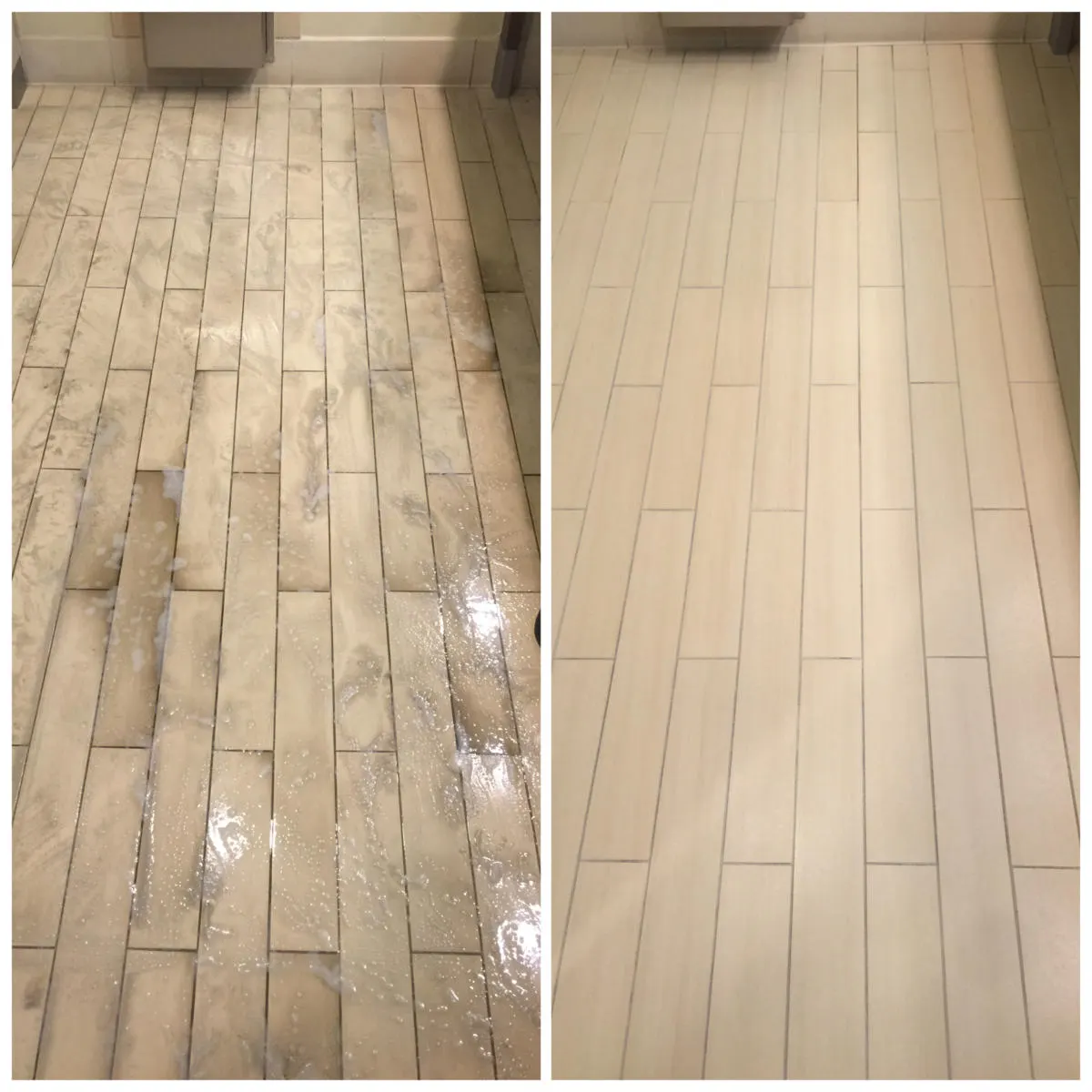 Wood-look porcelain tile before and after cleaning Wood-look porcelain tile before and after cleaning