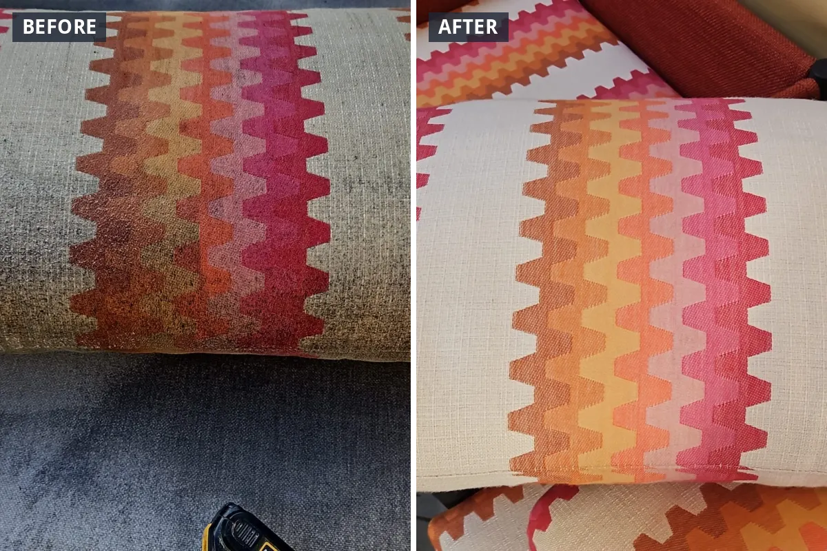 Patterned cushion before and after upholstery cleaning Patterned cushion before and after upholstery cleaning