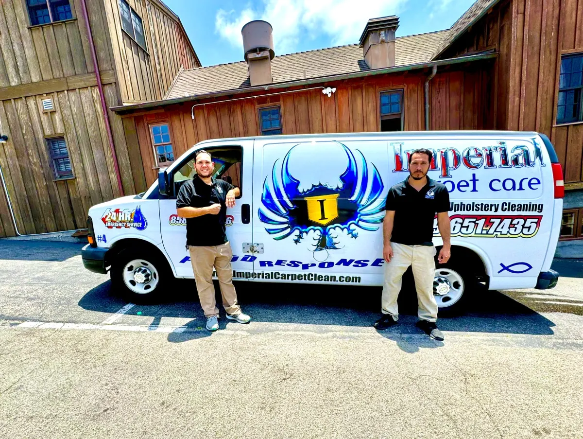 The Imperial Carpet Cleaning team Imperial Carpet Cleaning technicians with their service van in San Diego