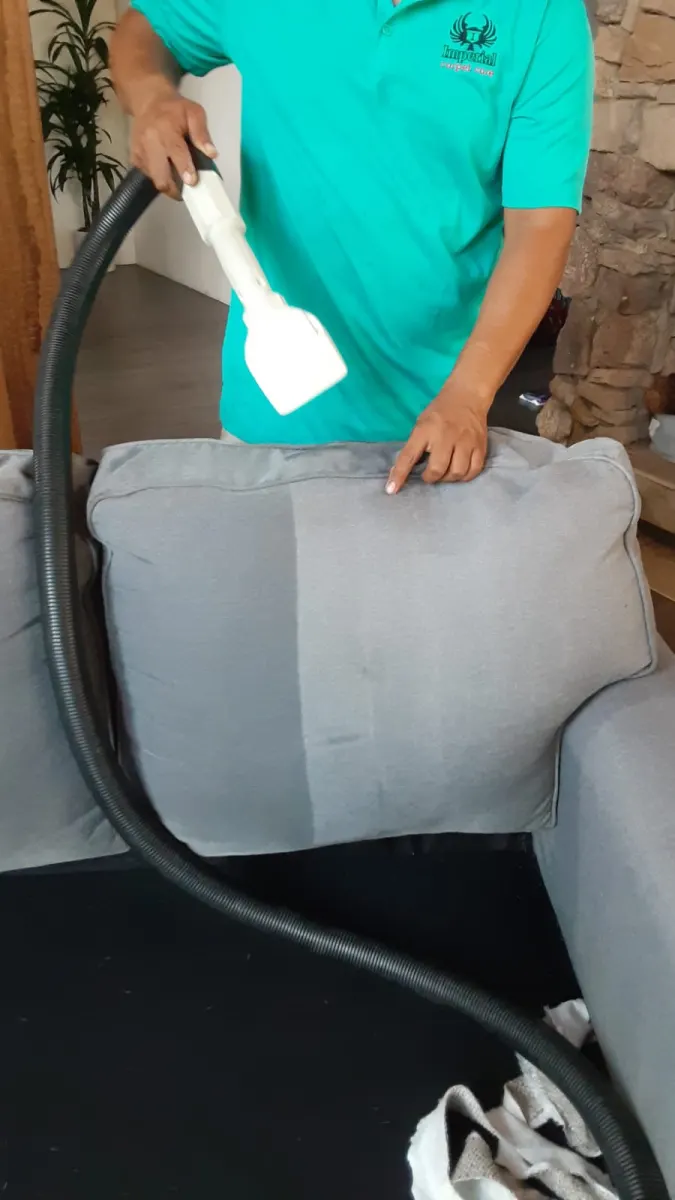 Technician cleaning a gray sofa cushion, clean half next to dirty half Technician cleaning a gray sofa cushion, clean half next to dirty half